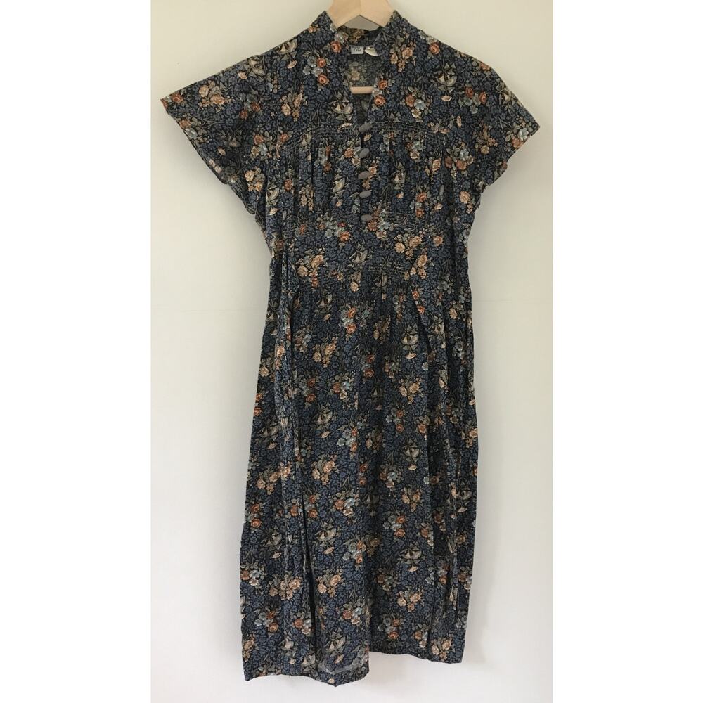Vintage 70s Cottage Core Navy Blue Brown Floral Paisley Dress USA Union Made M